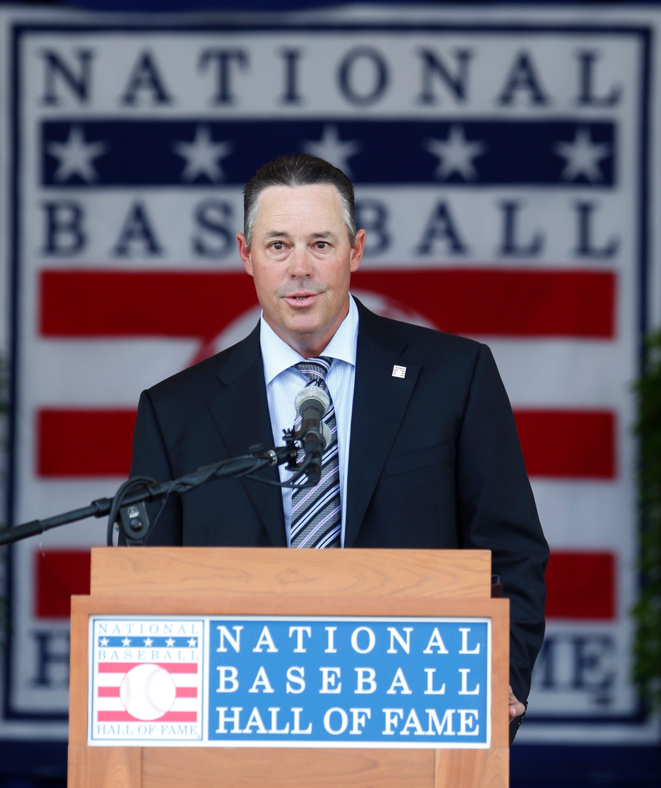 PHOTO: National Baseball Hall of Fame inductee Greg Maddux speaks during an induction ceremony at the Clark Sports Center, July 27, 2014, in Cooperstown, N.Y.