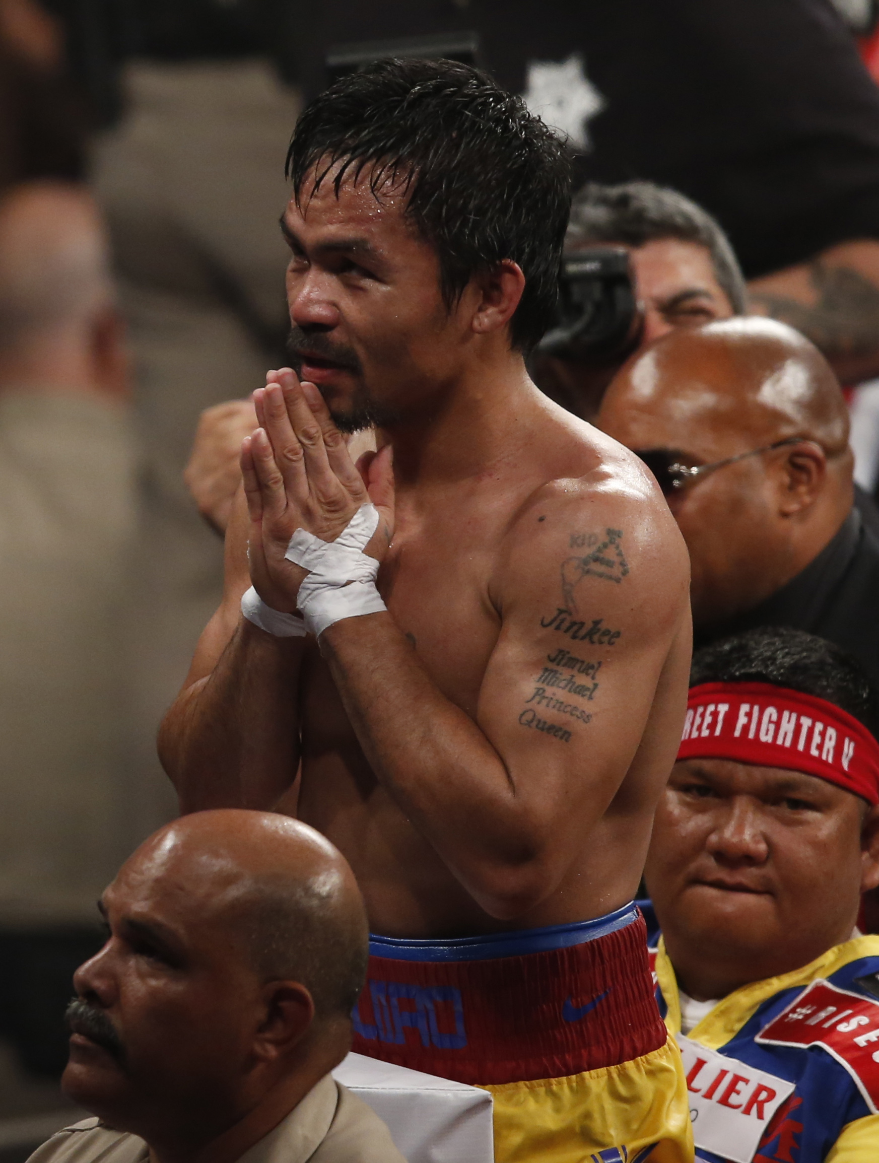 PHOTO: Manny Pacquiao, from the Philippines, greets fans after his welterweight title against Floyd Mayweather Jr., on Saturday, May 2, 2015 in Las Vegas. 