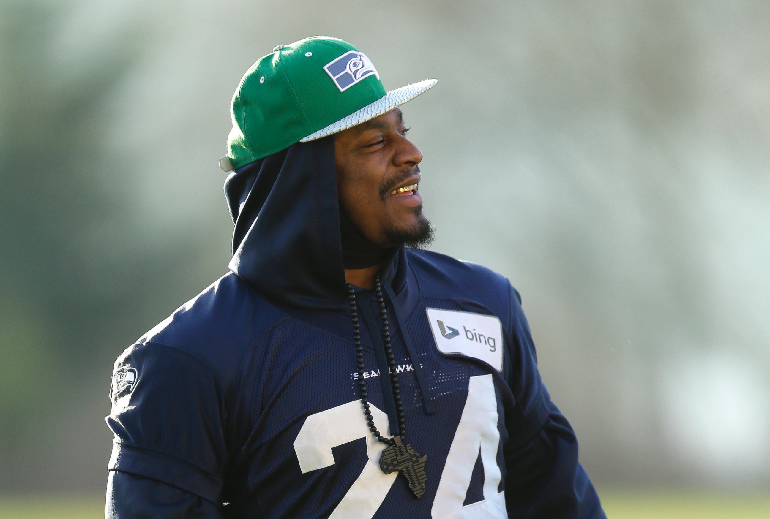PHOTO: Seattle Seahawks running back Marshawn Lynch stands on the field following NFL football practice,Jan. 14, 2015, in Renton, Wash. 