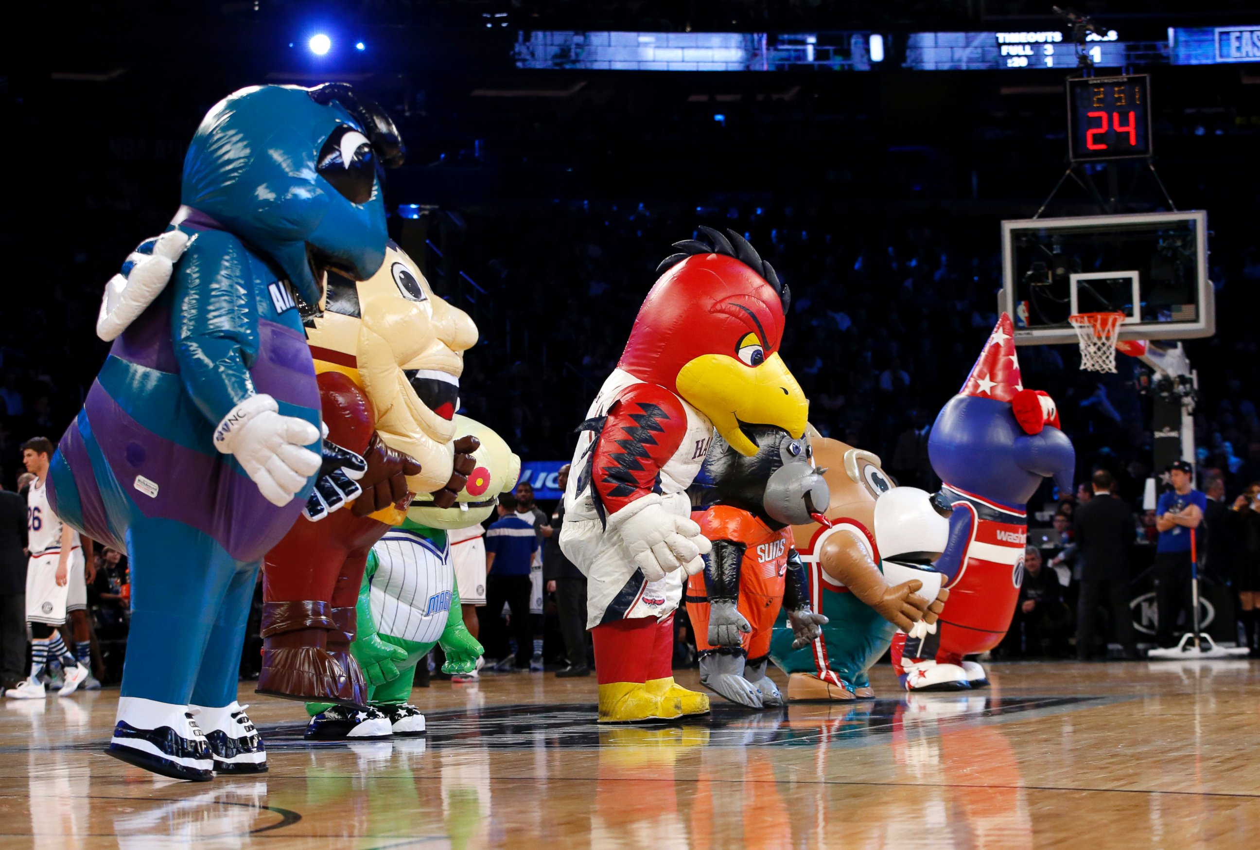 PHOTO: NBA mascots perform during the second half of the NBA All-Star basketball game, Feb. 15, 2015, in New York.