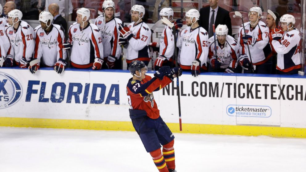 Florida Panthers center Nick Bjugstad celebrates after scoring the game-winning goal in a shootout of an NHL hockey game against the Washington Capitals, in Sunrise, Fla., Dec. 16, 2014.