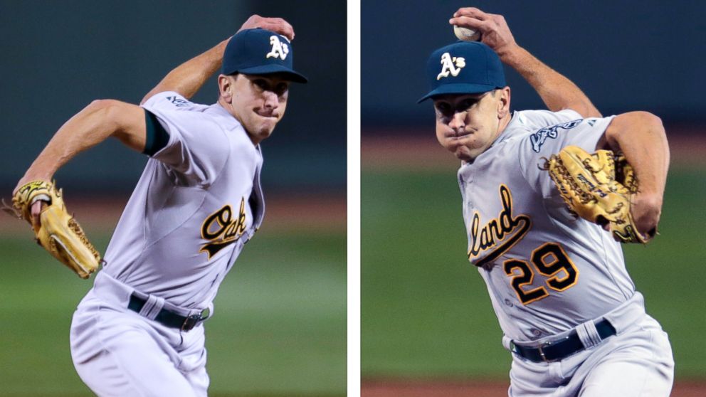 PHOTO: In this two image combination, Oakland Athletics relief pitcher Pat Venditte (29) delivers with his left and right hand to separate Boston Red Sox batters during the seventh inning at Fenway Park in Boston, Friday, June 5, 2015.