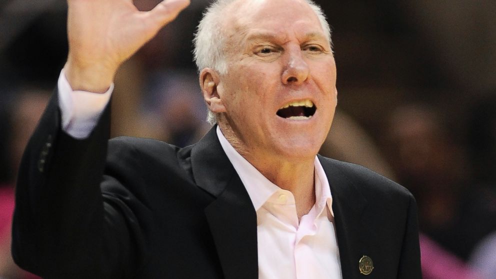 San Antonio Spurs head coach Gregg Popovich yells to an official during an NBA game against the Phoenix Suns, April 11, 2014, in San Antonio.