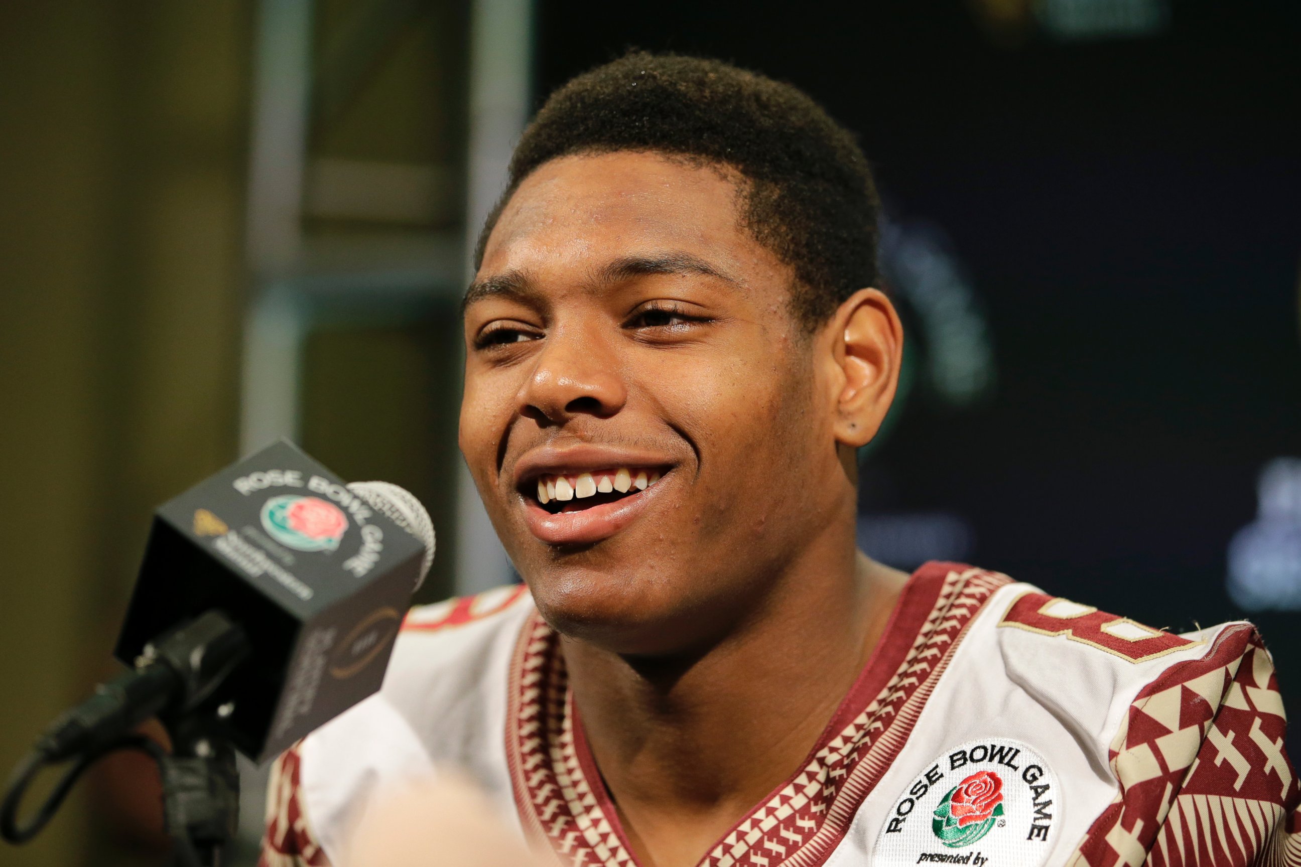 Florida State defensive back Jalen Ramsey smiles while talking to reporters during the team's media day Monday, Dec. 29, 2014, in Los Angeles. Florida State plays Oregon in the Rose Bowl NCAA college football playoff semifinal on New Year's Day.