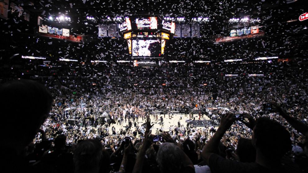 PHOTO: Confetti falls after Game 5 of the NBA basketball finals between the San Antonio Spurs and the Miami Heat, June 15, 2014, in San Antonio.
