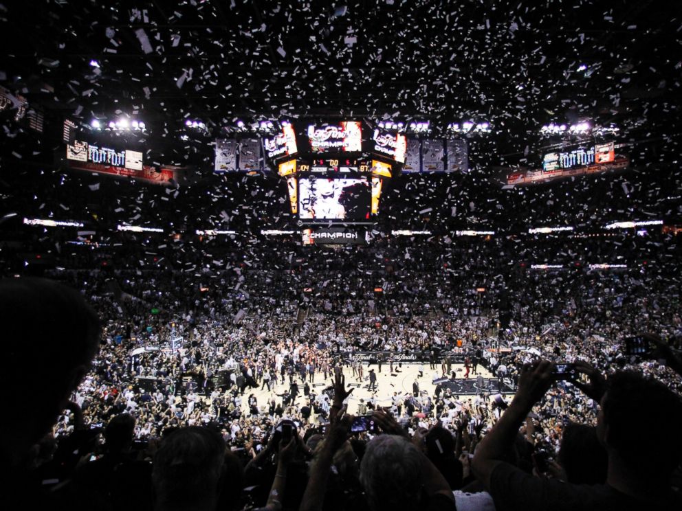 PHOTO: Confetti falls after Game 5 of the NBA basketball finals between the San Antonio Spurs and the Miami Heat, June 15, 2014, in San Antonio.