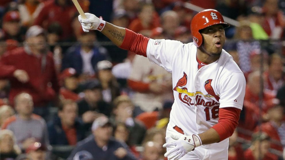 St. Louis Cardinals' Oscar Taveras hits a home run during the seventh inning in Game 2 of the National League baseball championship series against the San Francisco Giants, Oct. 12, 2014, in St. Louis.