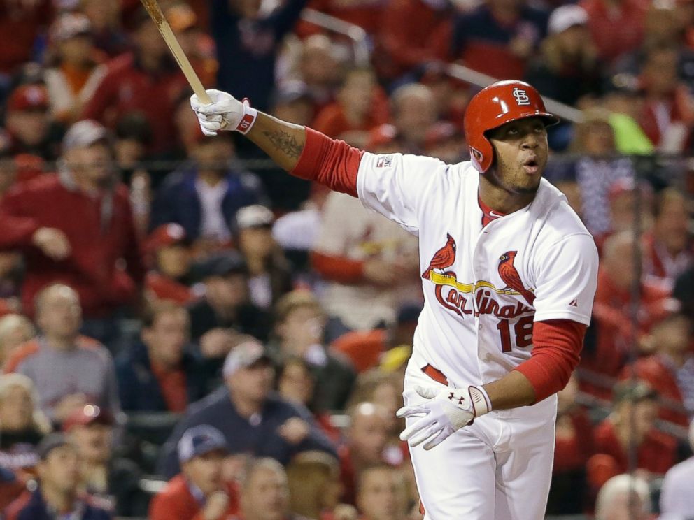 St. Louis Cardinals Oscar Taveras hits a home run during the seventh inning in Game 2 of the National League baseball championship series against the San Francisco Giants, Oct. 12, 2014, in St. Louis.
