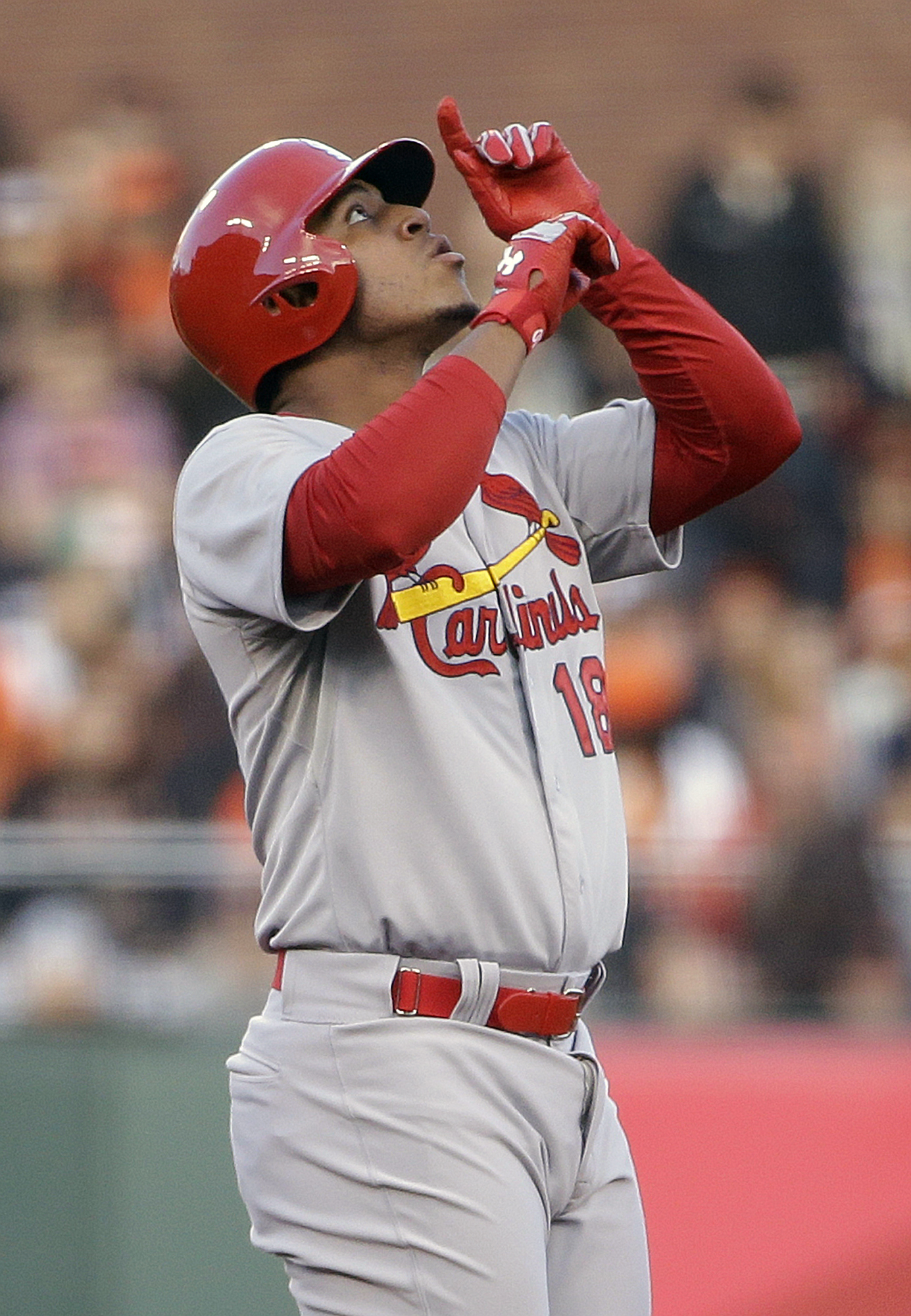 This July 2, 2014 file photo shows St. Louis Cardinals' Oscar Taveras at second base after doubling to right field in the third inning of a baseball game against the San Francisco Giants in San Francisco.