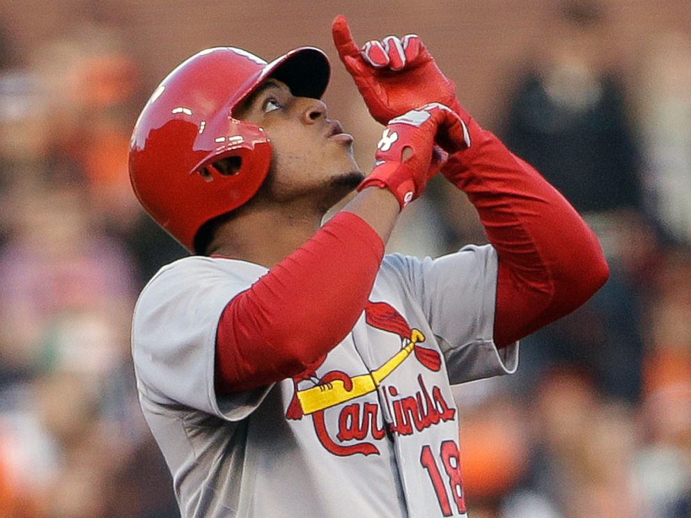 This July 2, 2014 file photo shows St. Louis Cardinals Oscar Taveras at second base after doubling to right field in the third inning of a baseball game against the San Francisco Giants in San Francisco.