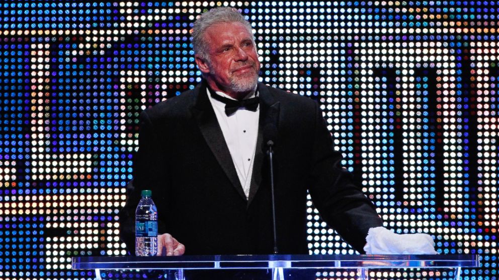 The Ultimate Warrior speaks during the WWE Hall of Fame Induction at the Smoothie King Center in New Orleans, April 5, 2014.
