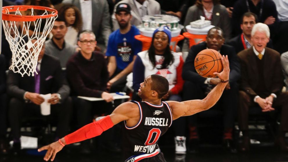 West Team's Russell Westbrook, of the Oklahoma City Thunder, dunks the ball during the first half of the NBA All-Star basketball game, Feb. 15, 2015, in New York.