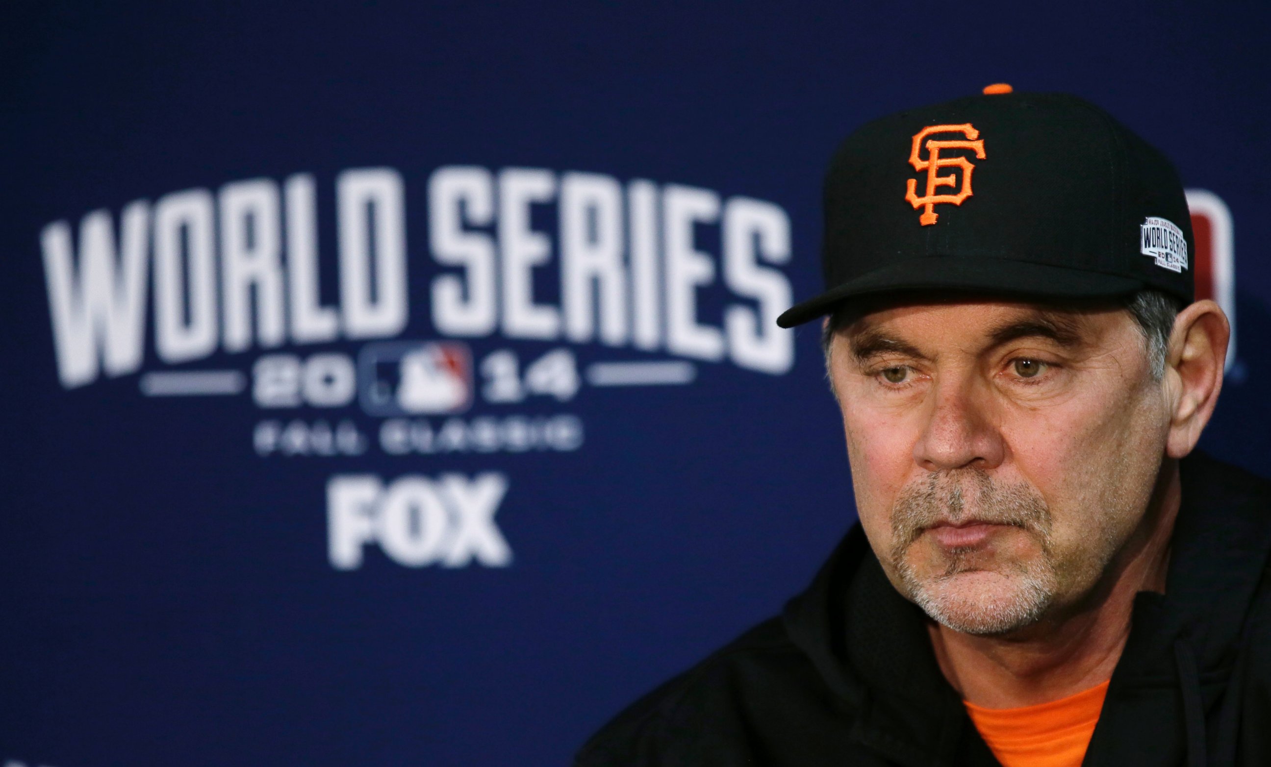 San Francisco Giants Manager Bruce Bochy speaks during a news conference, Oct. 27, 2014, in Kansas City.