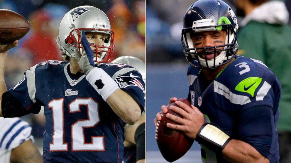 PHOTO: From left, Tom Brady in Foxborough, Mass.,  Jan. 18, 2015 and Russell Wilson in Seattle, Wash., Jan. 18, 2015.