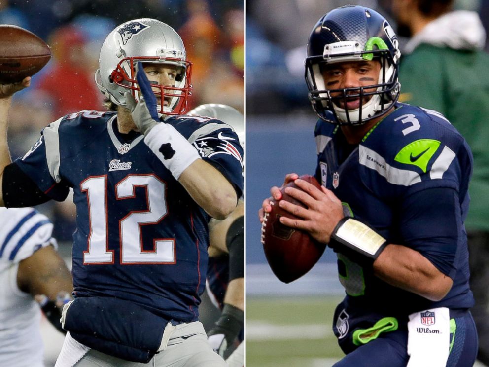 PHOTO: From left, Tom Brady in Foxborough, Mass.,  Jan. 18, 2015 and Russell Wilson in Seattle, Wash., Jan. 18, 2015.