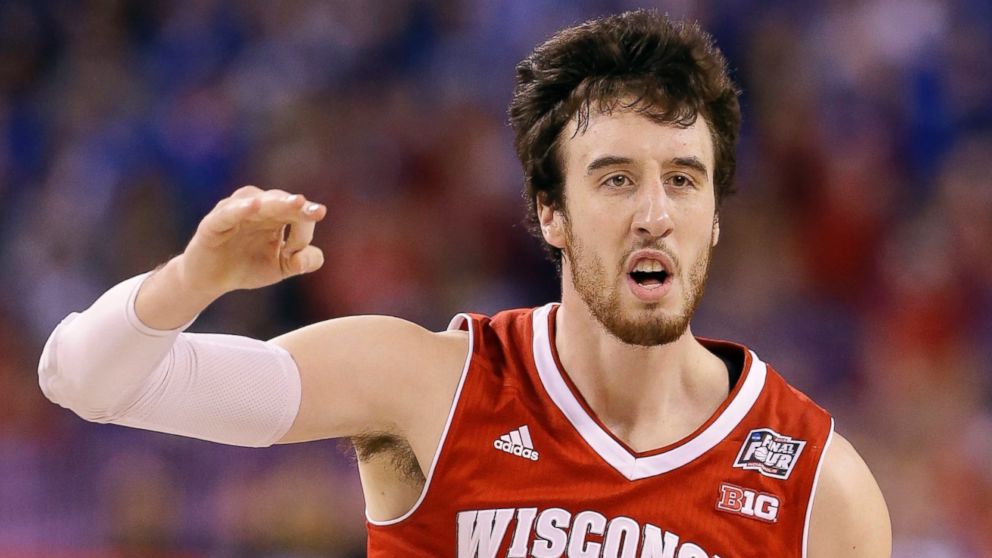 Wisconsin's Frank Kaminsky reacts during the first half of the NCAA Final Four tournament college basketball semifinal game against Kentucky, April 4, 2015, in Indianapolis.