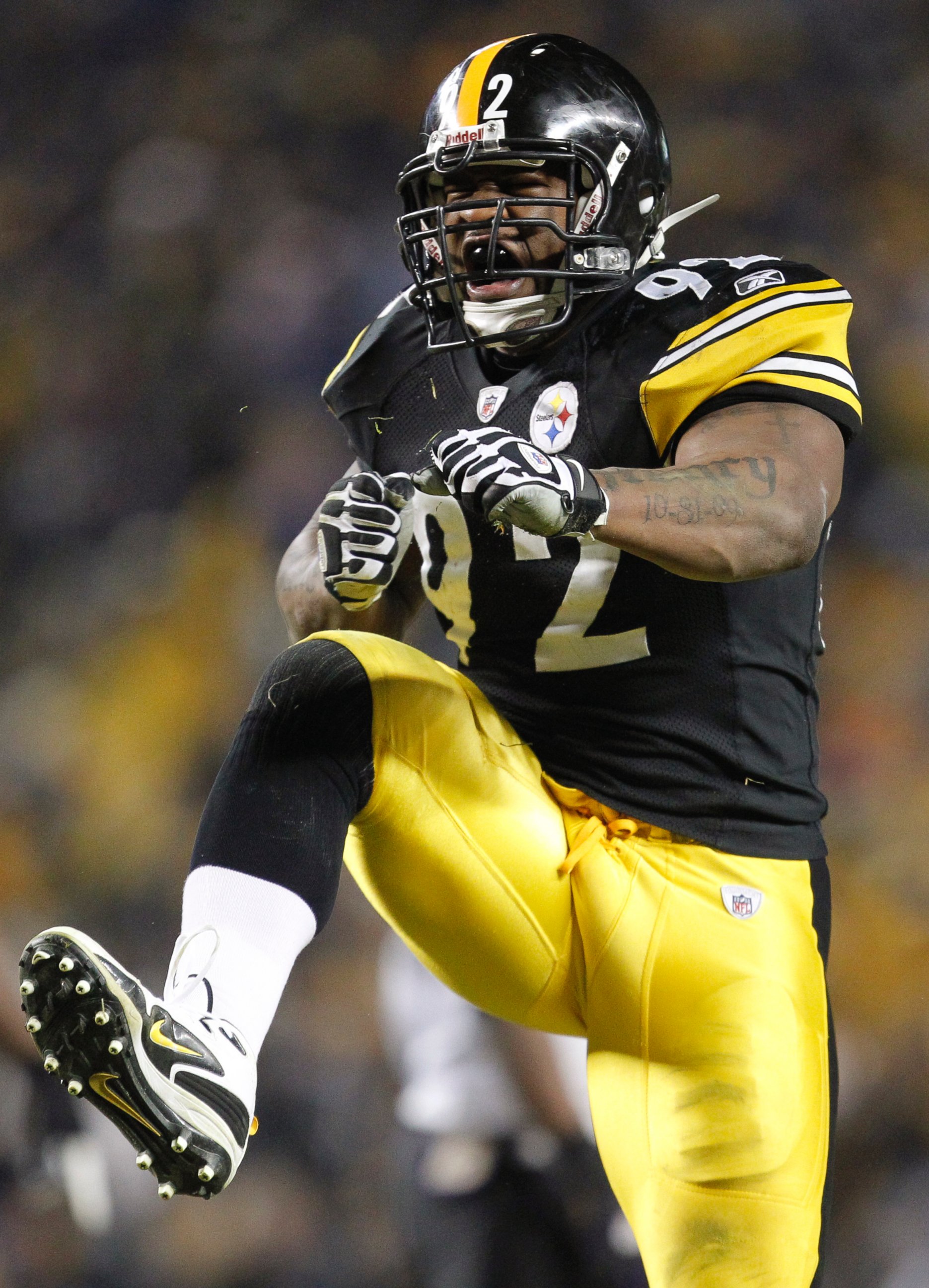 PHOTO: In this Jan. 15, 2011, file photo, Pittsburgh Steelers linebacker James Harrison celebrates during the second half of an NFL divisional football game, in Pittsburgh.