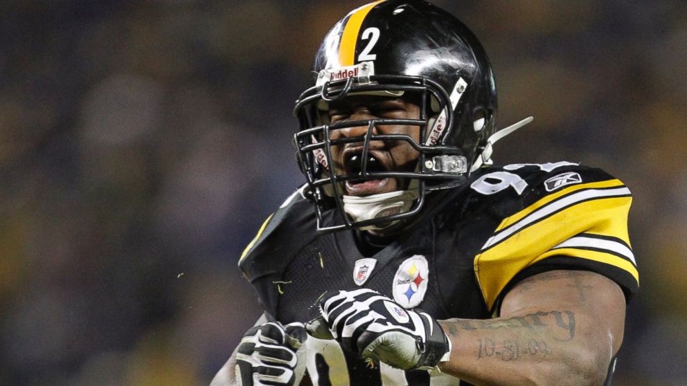 PHOTO: In this Jan. 15, 2011, file photo, Pittsburgh Steelers linebacker James Harrison celebrates during the second half of an NFL divisional football game, in Pittsburgh.