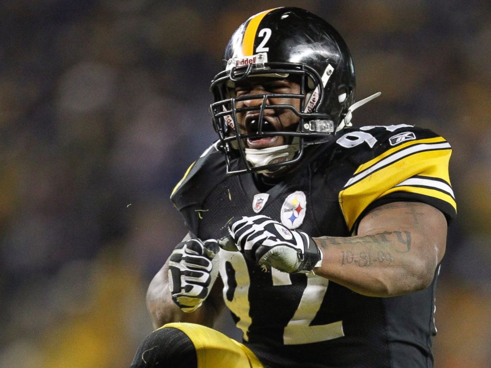PHOTO: In this Jan. 15, 2011, file photo, Pittsburgh Steelers linebacker James Harrison celebrates during the second half of an NFL divisional football game, in Pittsburgh.