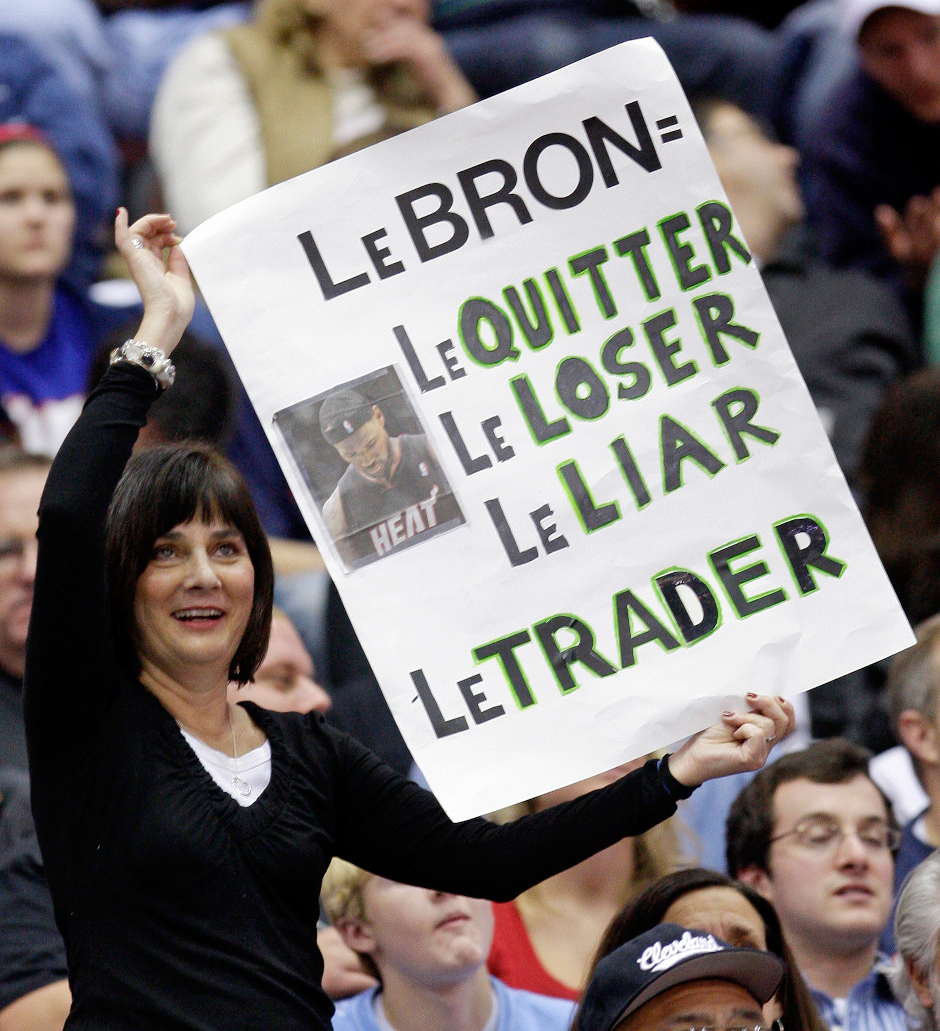 PHOTO: A fan displays her opinion of Miami Heat forward LeBron James during the third quarter of an NBA basketball game against the Cleveland Cavaliers, Dec. 2, 2010, in Cleveland.