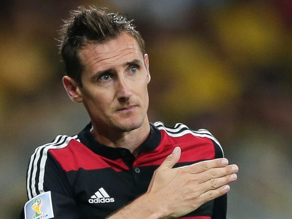 PHOTO: Germanys Miroslav Klose gestures as he is substituted during the World Cup semifinal soccer match between Brazil and Germany at the Mineirao Stadium in Belo Horizonte, Brazil, Tuesday, July 8, 2014.