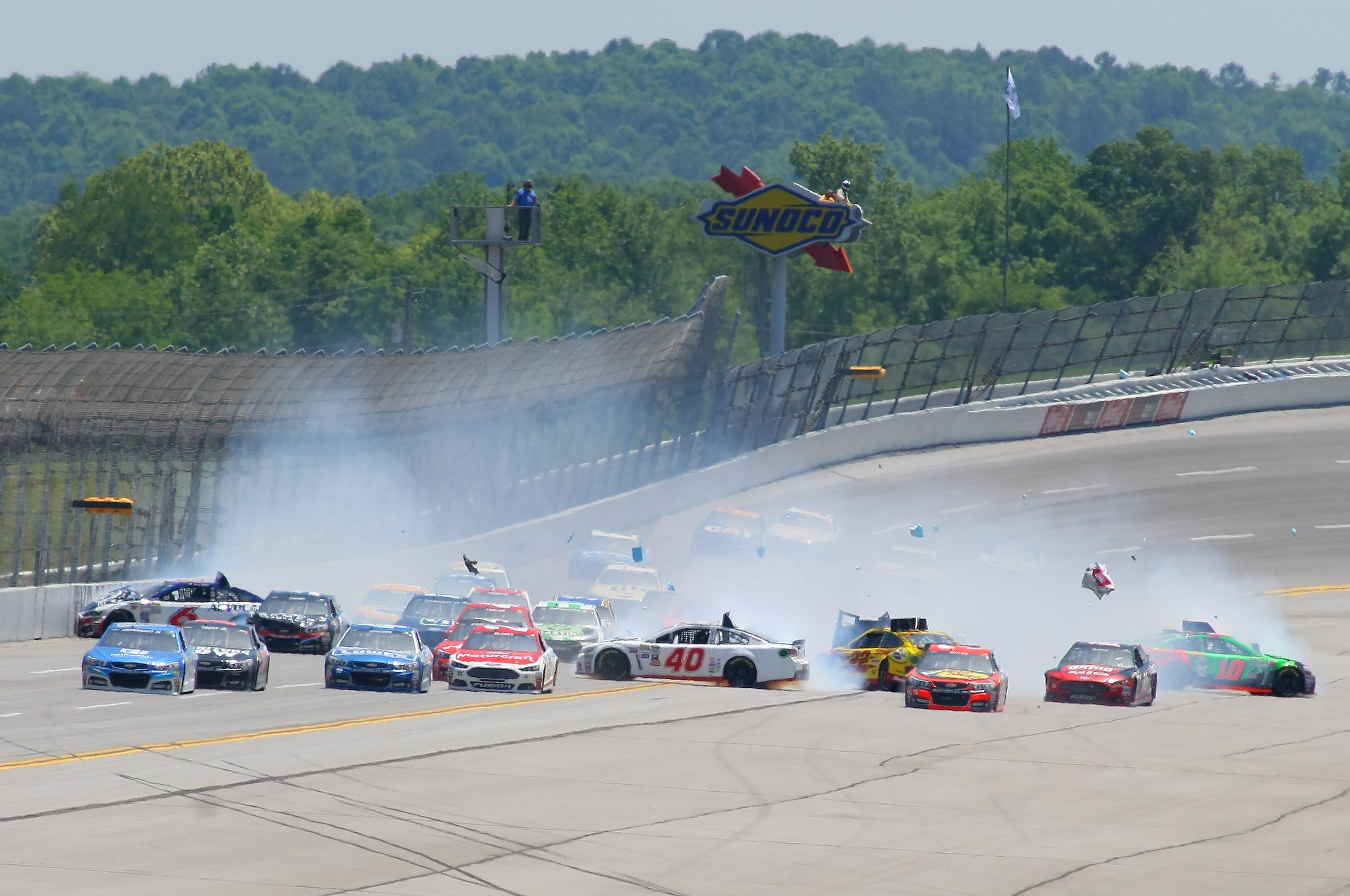 PHOTO: Several cars are involved in a multi-car crash during the Talladega 500 NASCAR Sprint Cup Series auto race at Talladega Superspeedway, Sunday, May 3, 2015, in Talladega, Ala. 