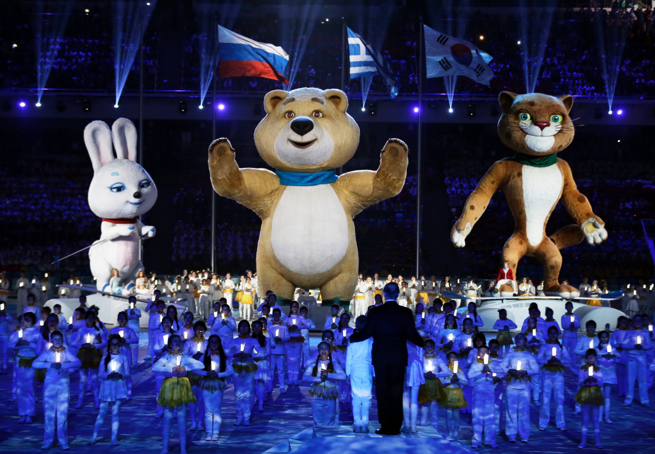 PHOTO: Large mascots and children perform during the closing ceremony of the 2014 Winter Olympics, Sunday, Feb. 23, 2014, in Sochi, Russia. 