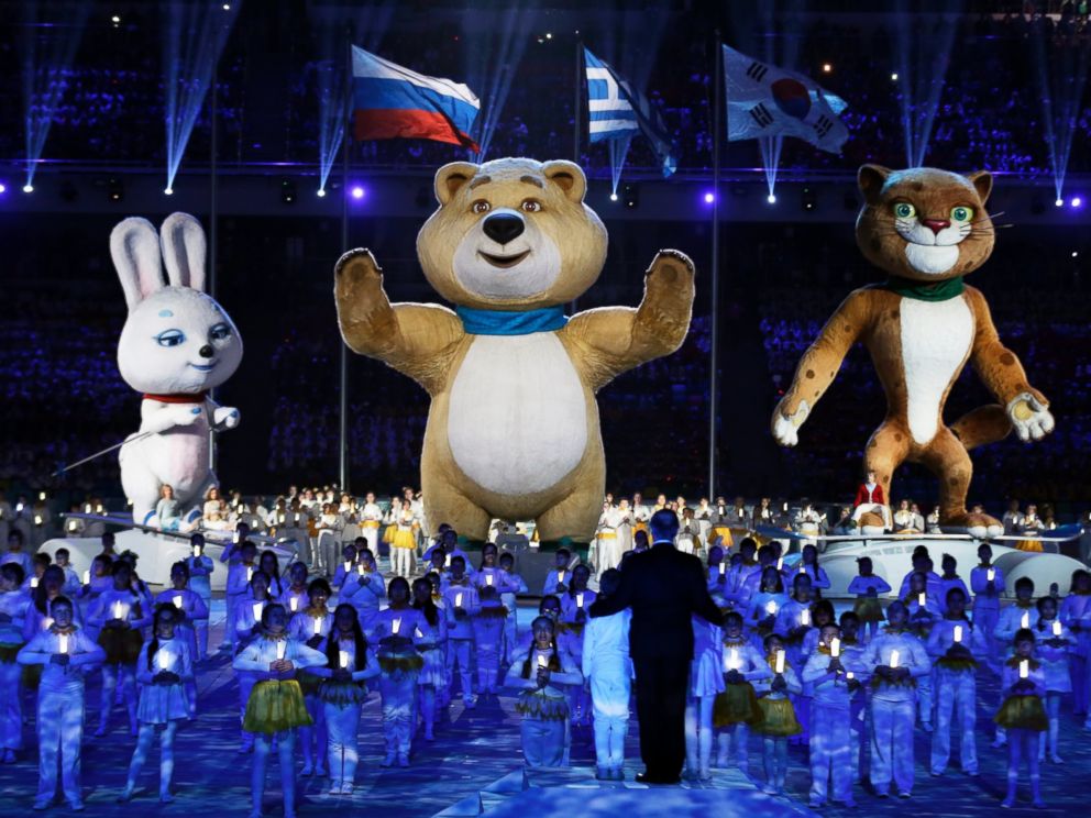 PHOTO: Large mascots and children perform during the closing ceremony of the 2014 Winter Olympics, Sunday, Feb. 23, 2014, in Sochi, Russia.