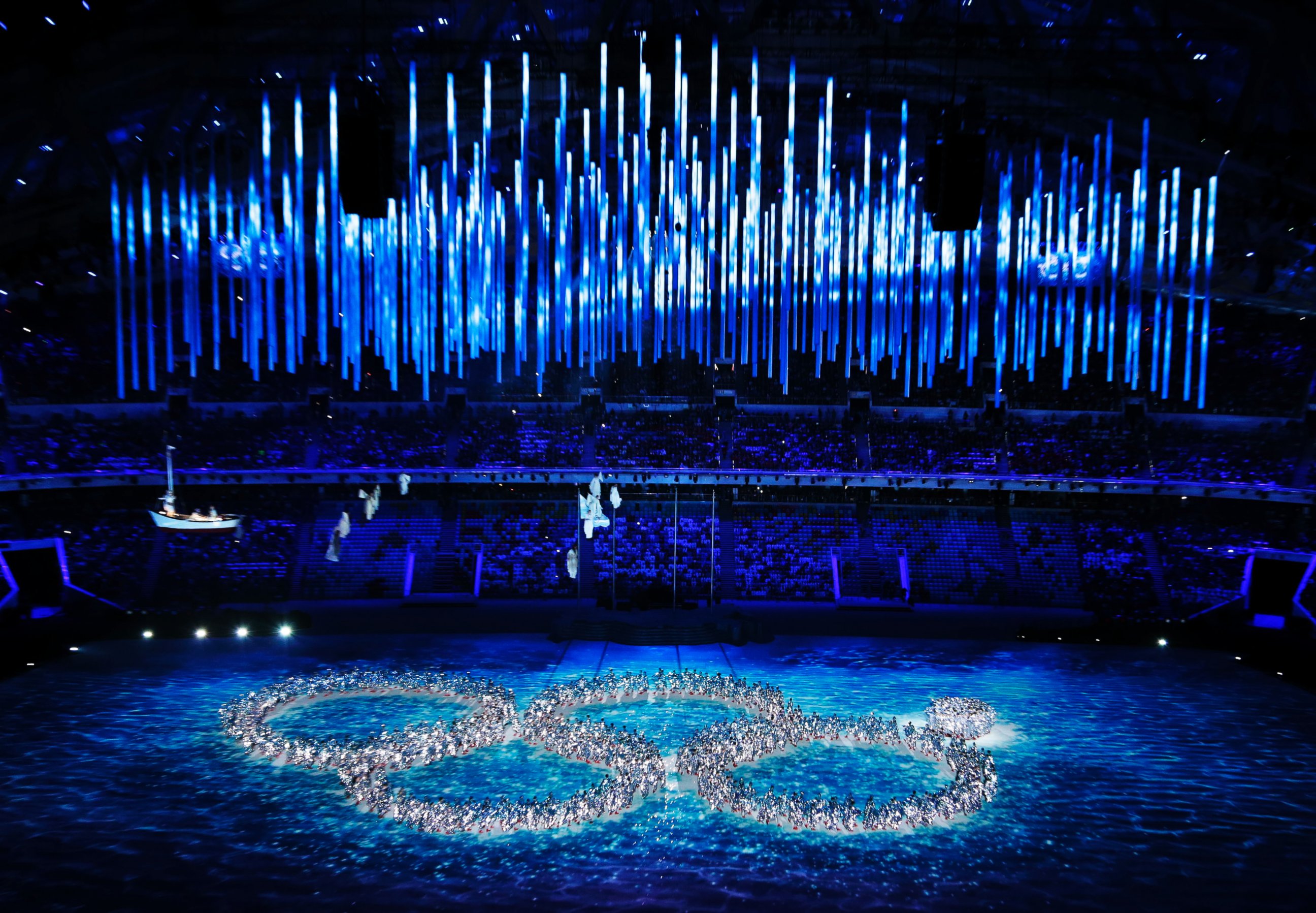 PHOTO: Performers recreate the ring that did not open during the opening ceremony during the closing ceremony of the 2014 Winter Olympics, Sunday, Feb. 23, 2014, in Sochi, Russia.