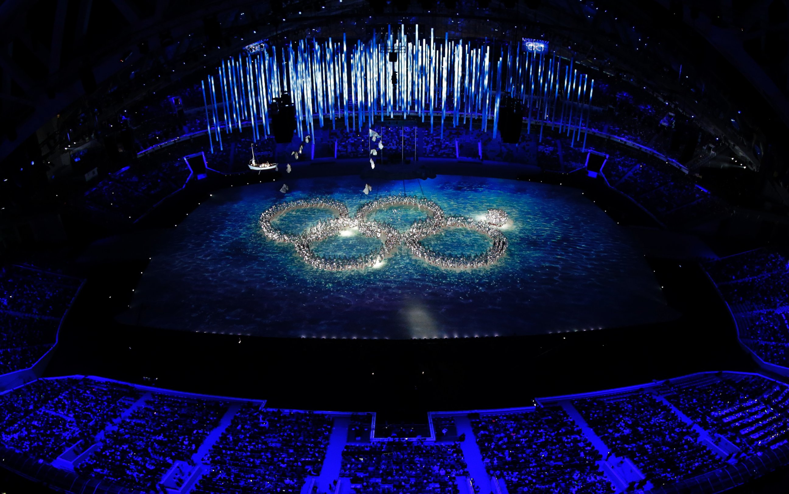 PHOTO: Performers recreate the ring that did not open during the opening ceremony during the closing ceremony of the 2014 Winter Olympics, Sunday, Feb. 23, 2014, in Sochi, Russia.