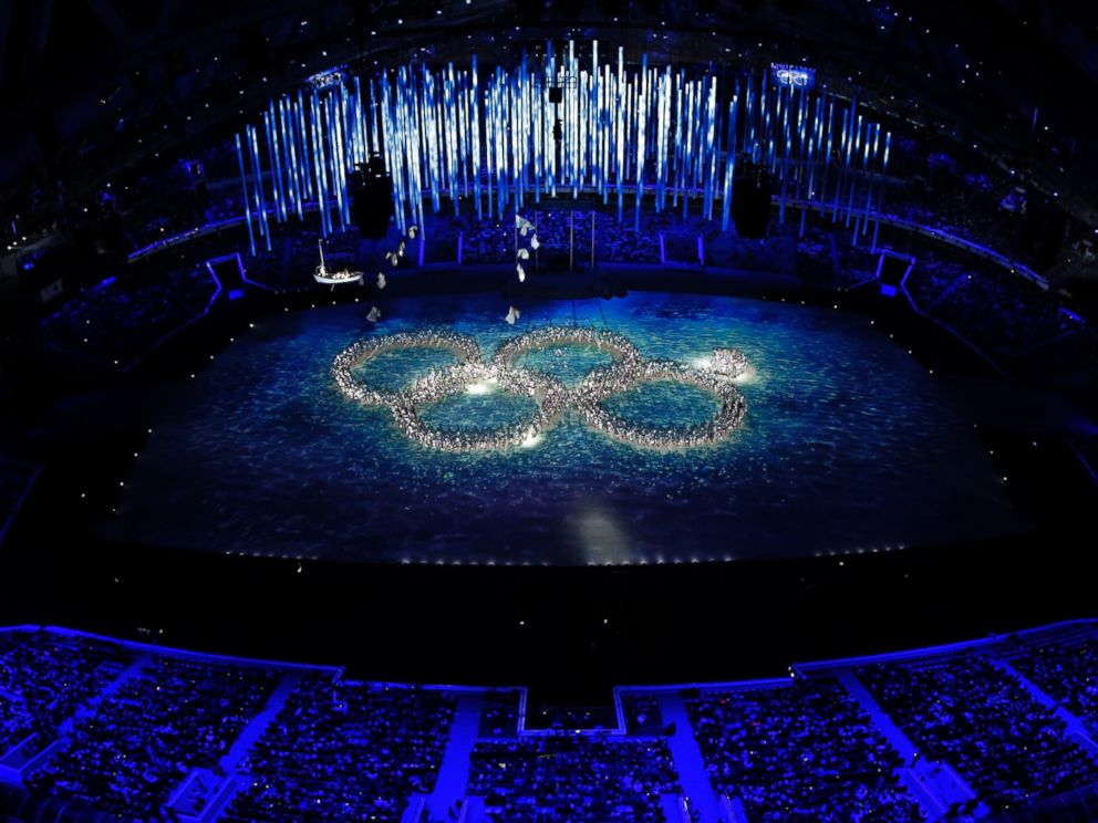 PHOTO: Performers recreate the ring that did not open during the opening ceremony during the closing ceremony of the 2014 Winter Olympics, Sunday, Feb. 23, 2014, in Sochi, Russia.