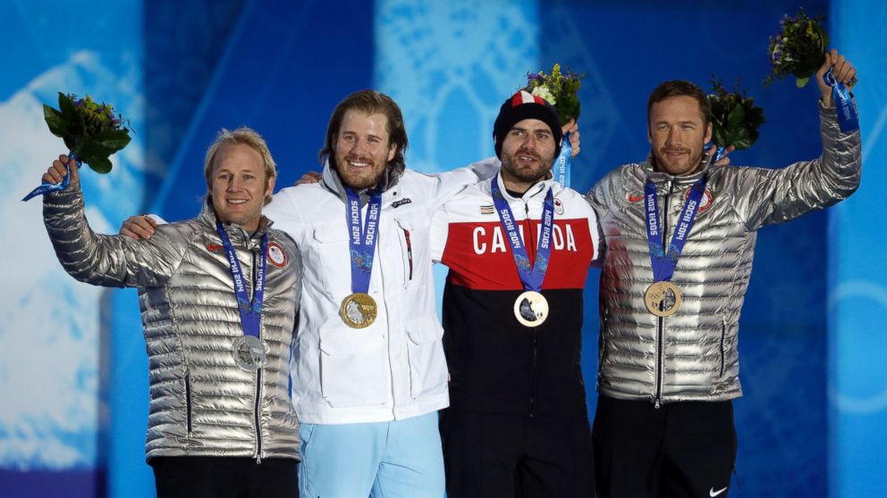 Men's super-G medalists, from left, the United States' Andrew Weibrecht, silver, Norway's Kjetil Jansrud, gold, and Canada's Jan Hudec and the United States' Bode Miller, who tied for the bronze, pose with their medals at the 2014 Winter Olympics in Sochi, Russia, Sunday, Feb. 16, 2014.