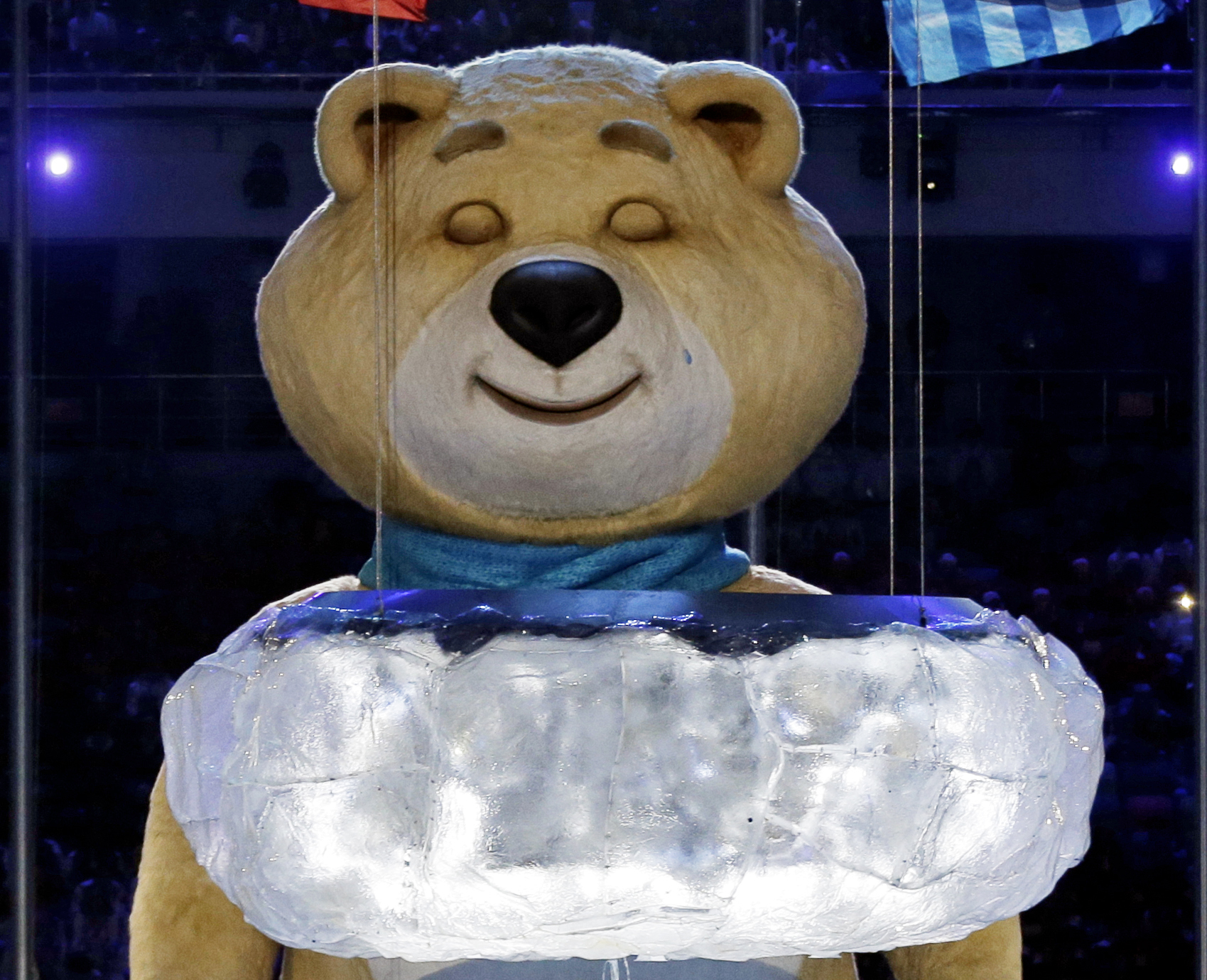 PHOTO: One of the Sochi Olympic mascots sheds a tear after extinguishing the Olympic flame during the closing ceremony of the 2014 Winter Olympics, Sunday, Feb. 23, 2014, in Sochi, Russia.