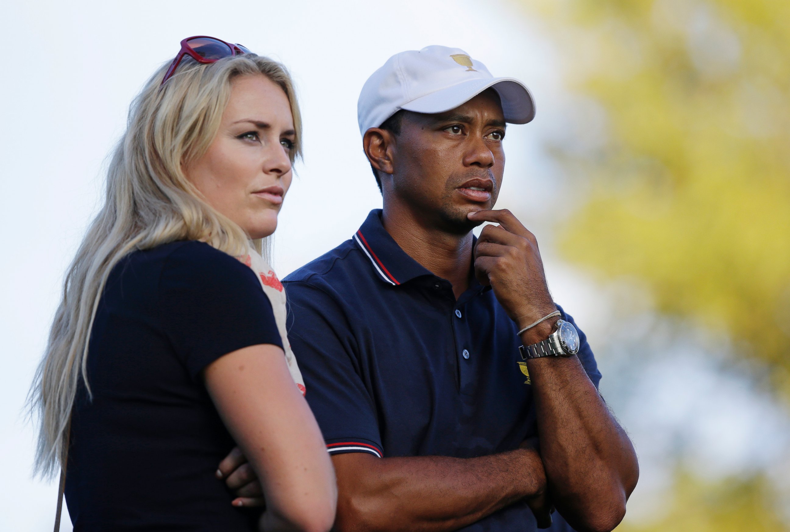 PHOTO: Tiger Woods and Lindsey Vonn are shown watching at the Presidents Cup golf tournament at Muirfield Village Golf Club in Dublin, Ohio, Oct. 3, 2013. 