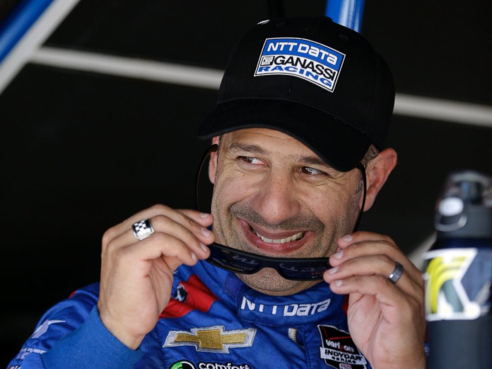 PHOTO: Tony Kanaan, of Brazil,  smiles at his wife after the final practice session for the Indianapolis 500 auto race at Indianapolis Motor Speedway in Indianapolis, Friday, May 22, 2015. 