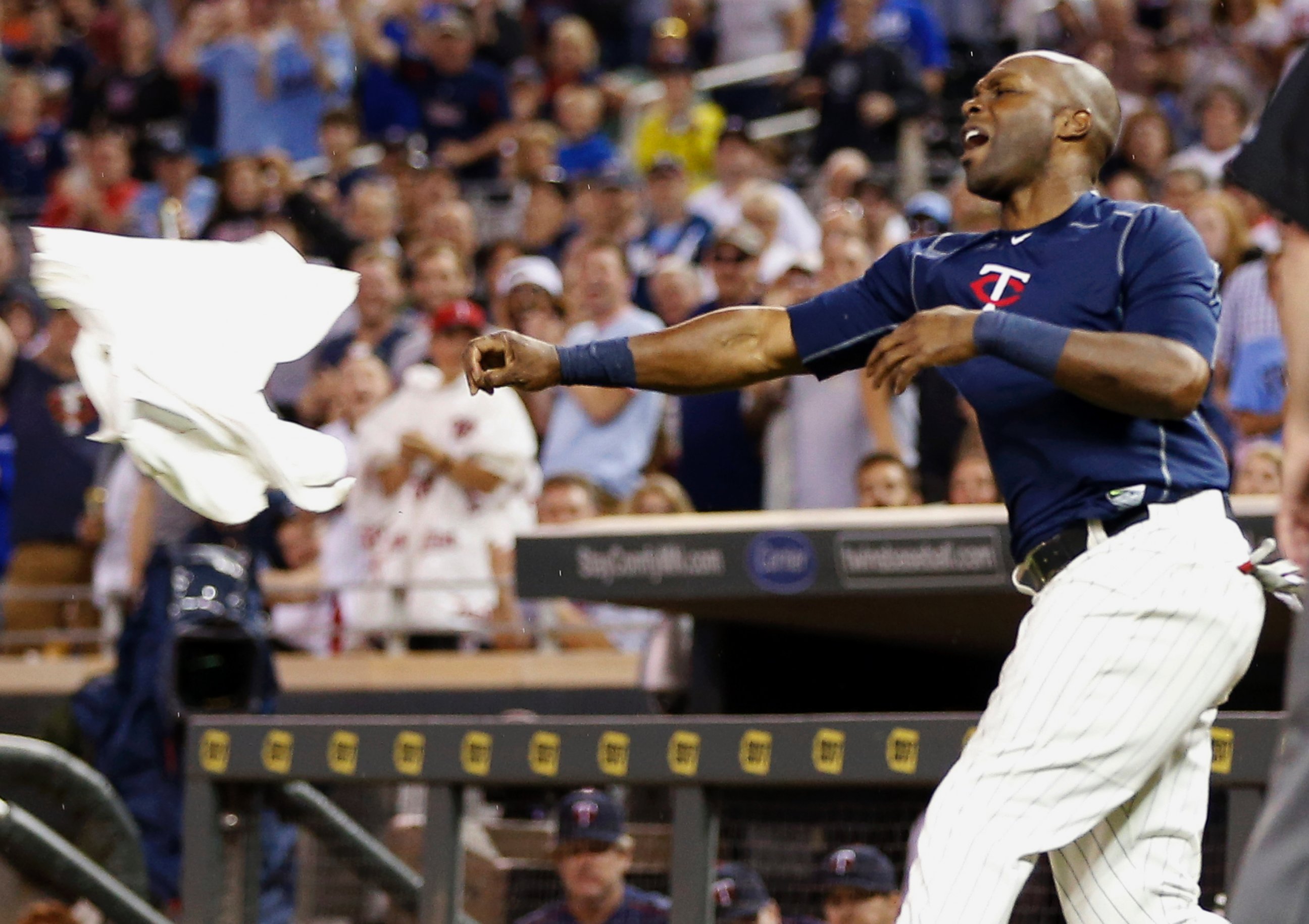 PHOTO: Minnesota Twins' Torii Hunter tosses his jersey following his ejection after he was called out on strikes in the eighth inning of a baseball game against the Kansas City Royals on June 10, 2015 in Minneapolis.