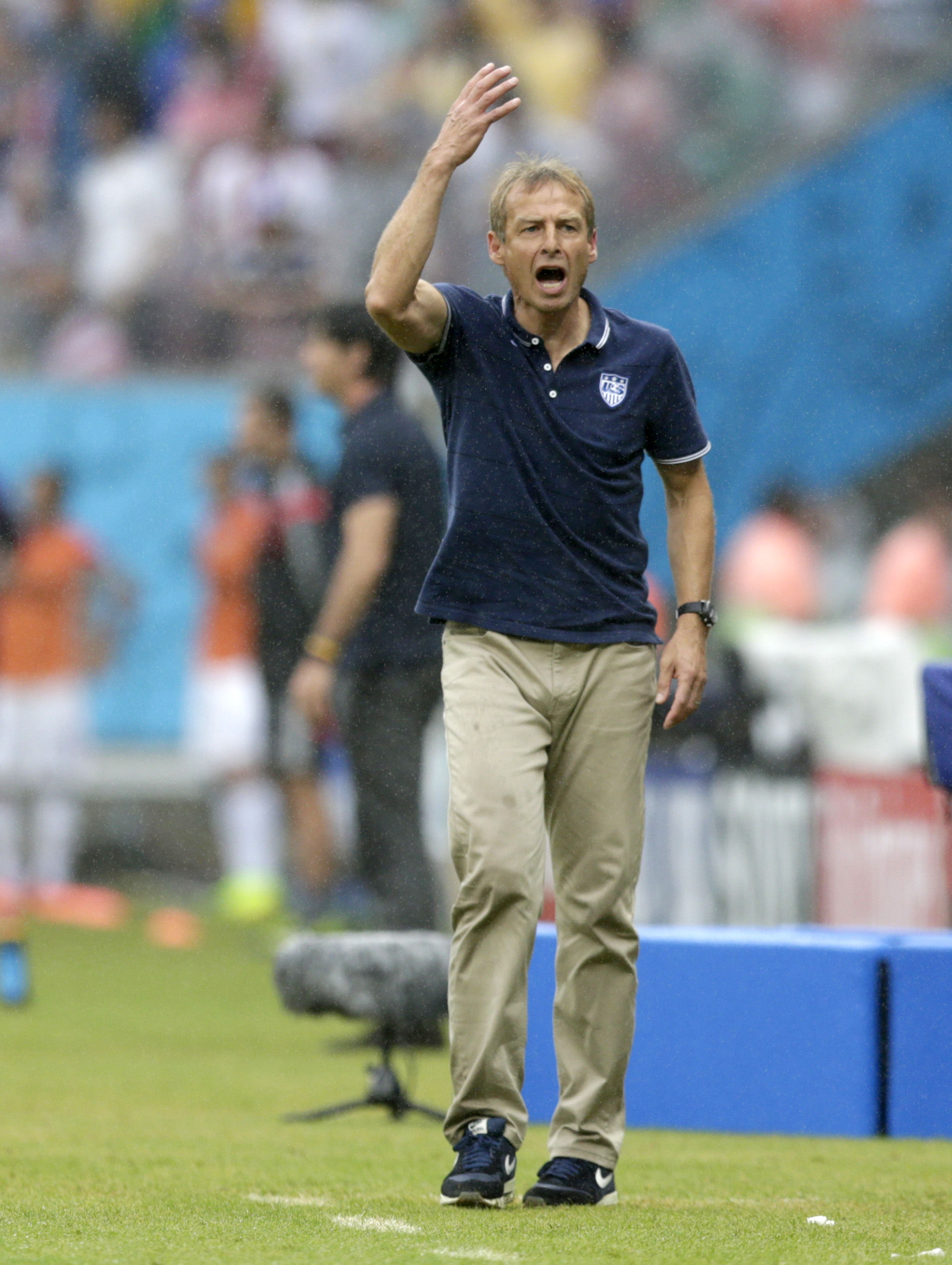 PHOTO: United States' head coach Juergen Klinsmann questions a call during the group G World Cup soccer match between the United States and Germany at the Arena Pernambuco in Recife, Brazil, June 26, 2014.
