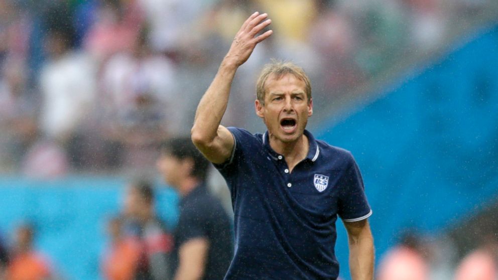 PHOTO: United States' head coach Juergen Klinsmann questions a call during the group G World Cup soccer match between the United States and Germany at the Arena Pernambuco in Recife, Brazil,  June 26, 2014.
