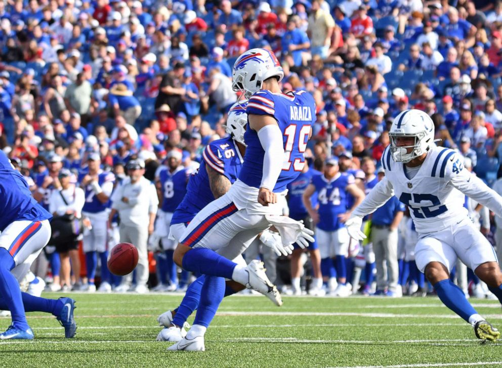 PHOTO: Aug 13, 2022; Orchard Park, New York, USA; Buffalo Bills punter Matt Araiza (19) makes contact with the ball in the second quarter pre-season game against the Indianapolis Colts at Highmark Stadium. Mandatory Credit: Mark Konezny-USA TODAY Sports