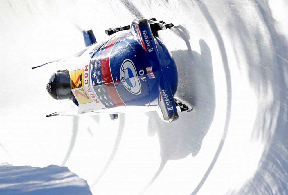 PHOTO: Elana Meyers Taylor and Kaysha Love of the U.S. in action during the Two-Woman Bobsleigh in Saint-Moritz, Switzerland, Jan. 16, 2022.