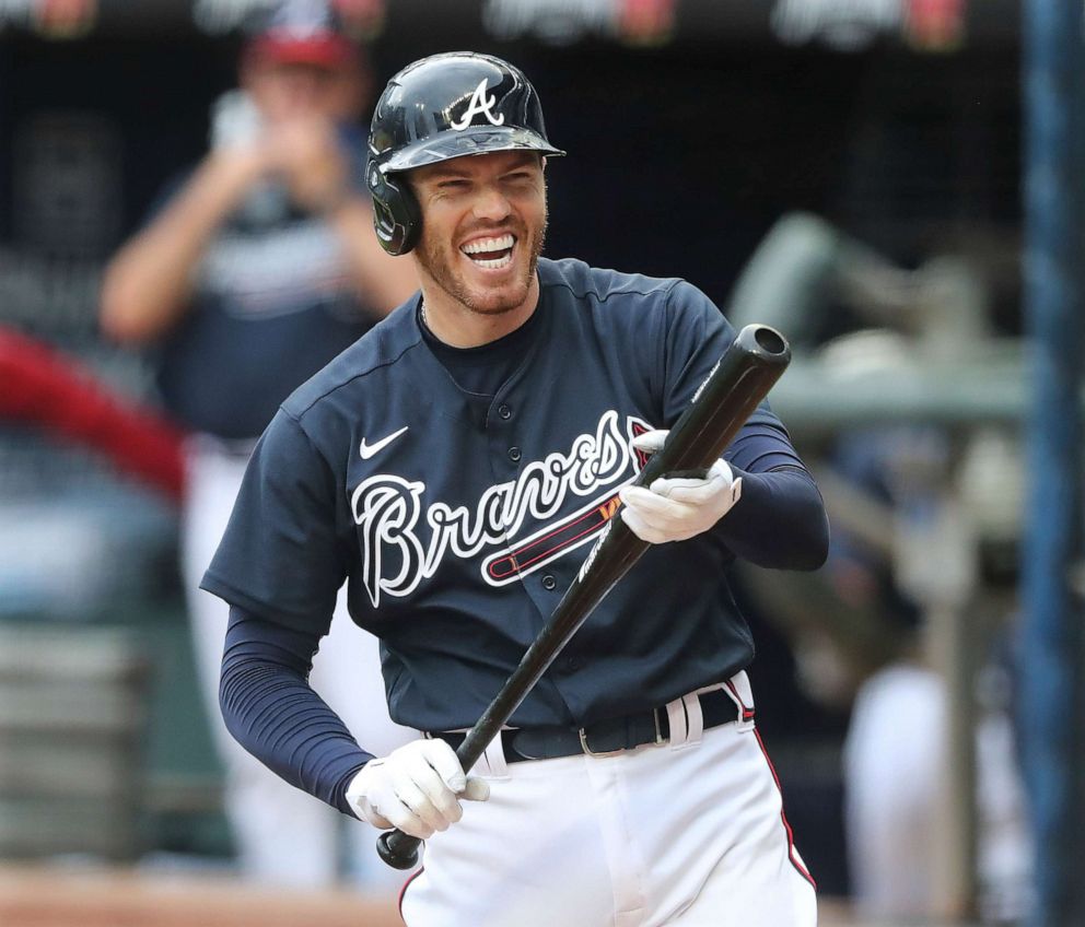 PHOTO: Atlanta Braves first baseman Freddie Freeman reacts during an intrasquad baseball game Saturday, July 18, 2020, in Atlanta. It was Freeman's first game since his battle with COVID-19.