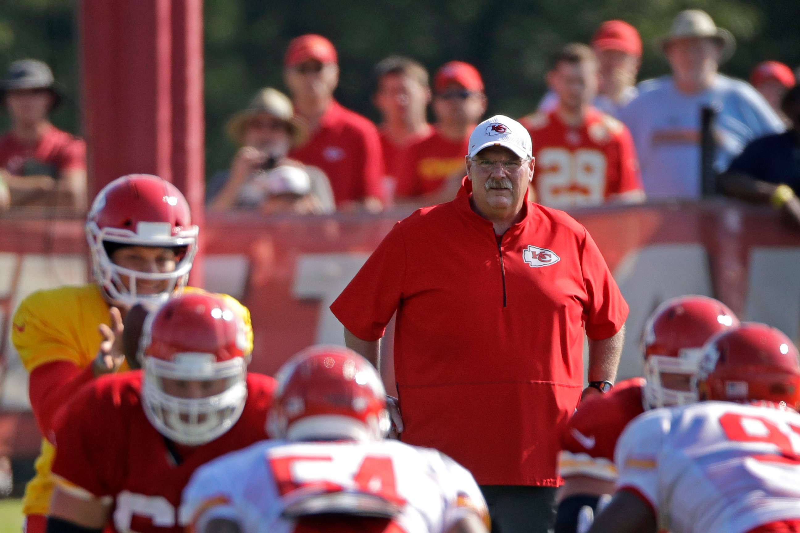 PHOTO: FILE - In this Monday, July 29, 2019, file photo, Kansas City Chiefs head coach Andy Reid watches a drill during NFL football training camp in St. Joseph, Mo. 