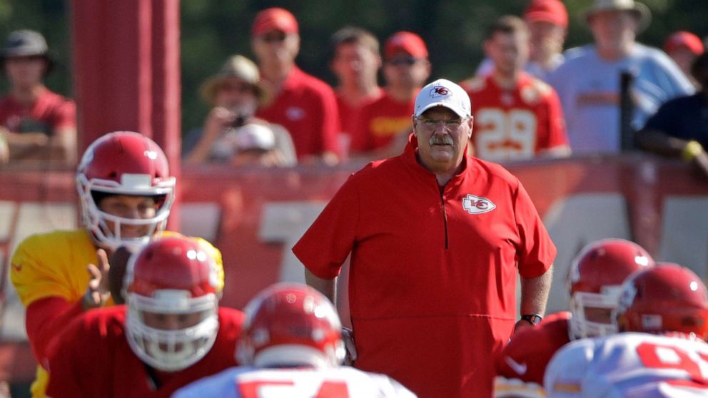 PHOTO: FILE - In this Monday, July 29, 2019, file photo, Kansas City Chiefs head coach Andy Reid watches a drill during NFL football training camp in St. Joseph, Mo. 