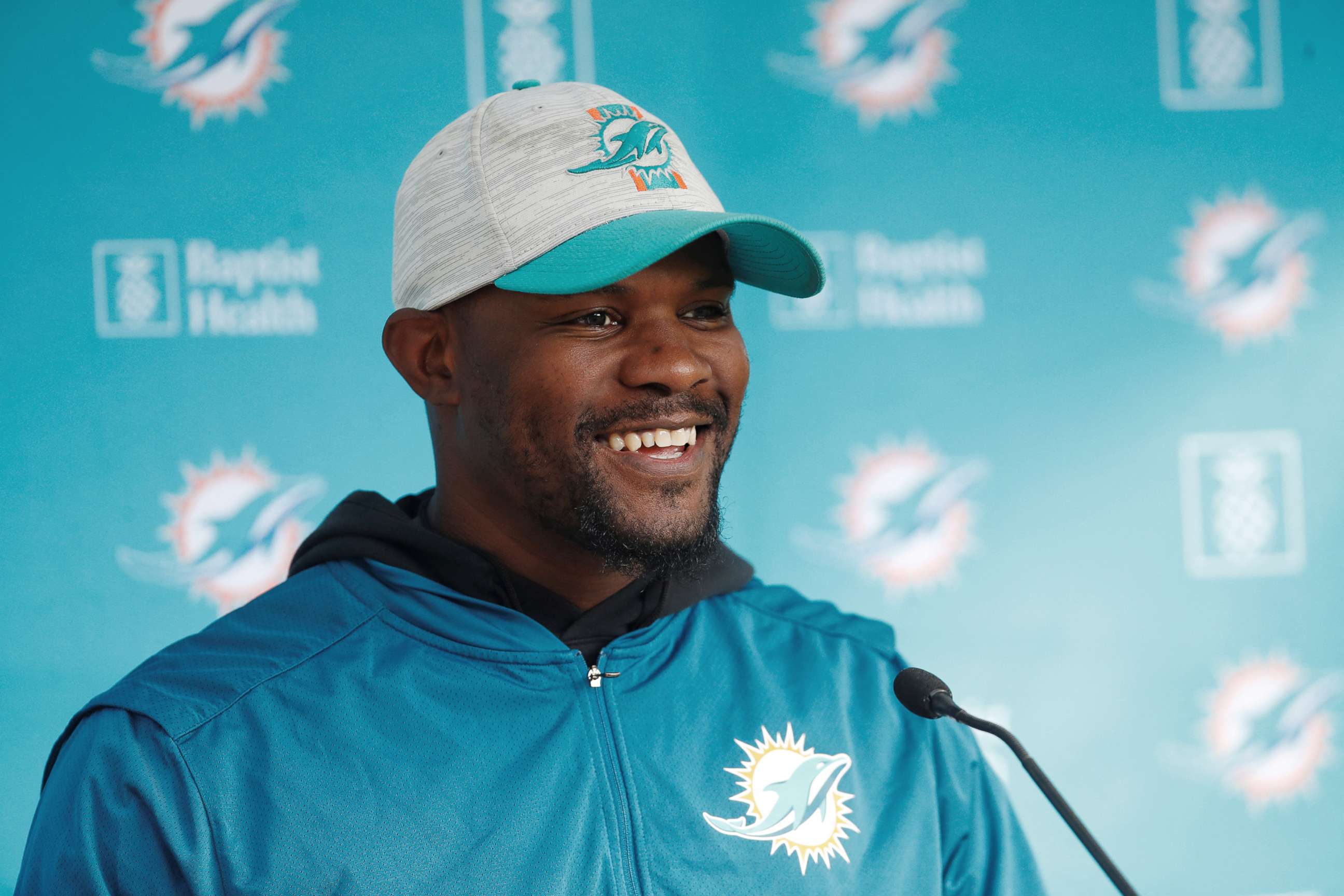 PHOTO: Miami Dolphins coach Brian Flores during a press conference, Oct. 15, 2021, in Ware, Britain.