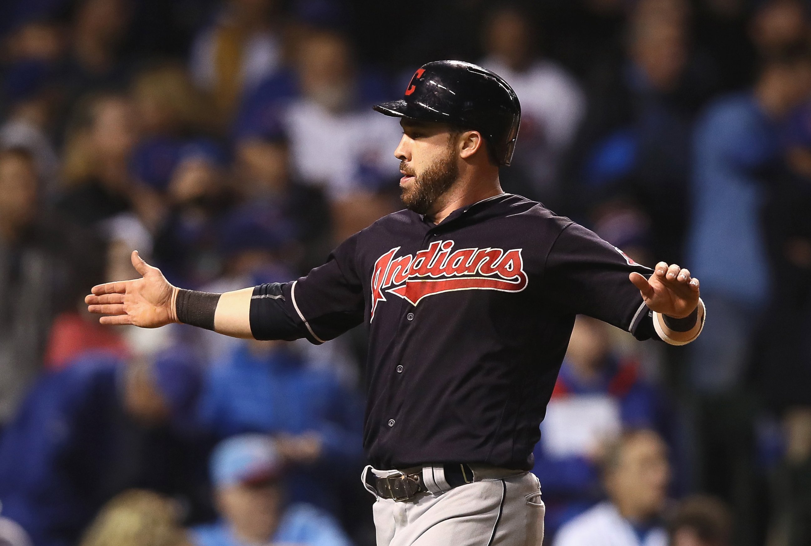 PHOTO: Jason Kipnis #22 of the Cleveland Indians celebrates after scoring a run in the third inning against the Chicago Cubs in Game Four of the 2016 World Series at Wrigley Field, Oct. 29, 2016 in Chicago. 