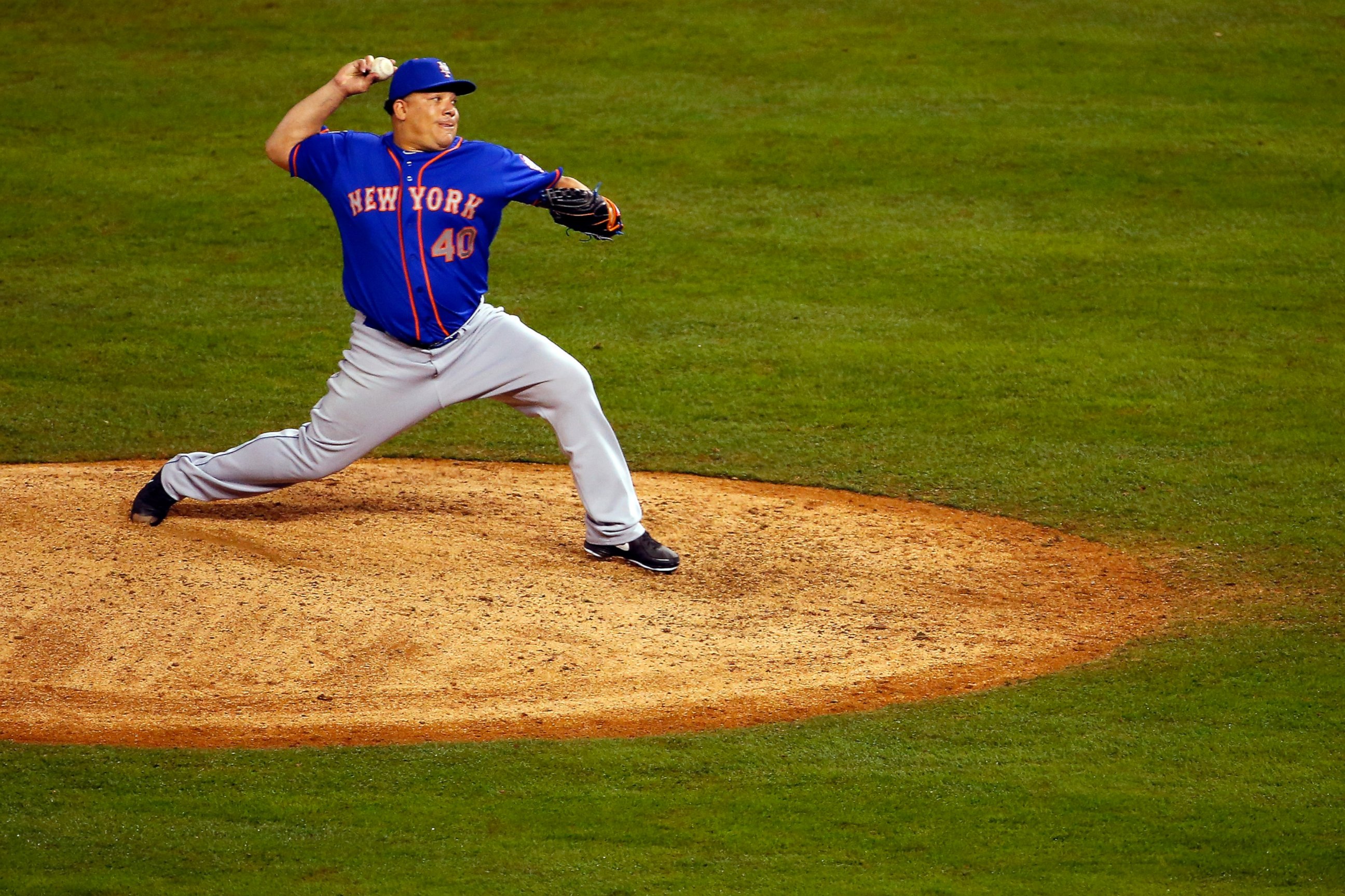 PHOTO: Bartolo Colon of the New York Mets throws a pitch in the twelfth inning against the Kansas City Royals during Game One of the 2015 World Series at Kauffman Stadium on October 27, 2015 in Kansas City, Missouri.