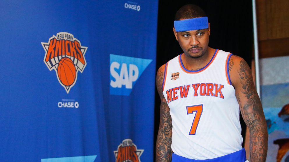 PHOTO: Carmelo Anthony speaks arrives for a press conference during the New York Knicks Media Day, on Sept. 26, 2016, in White Plains, New York.