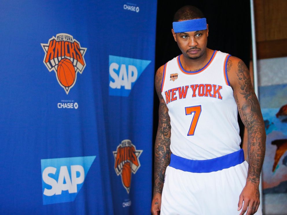 PHOTO: Carmelo Anthony speaks arrives for a press conference during the New York Knicks Media Day, on Sept. 26, 2016, in White Plains, New York.