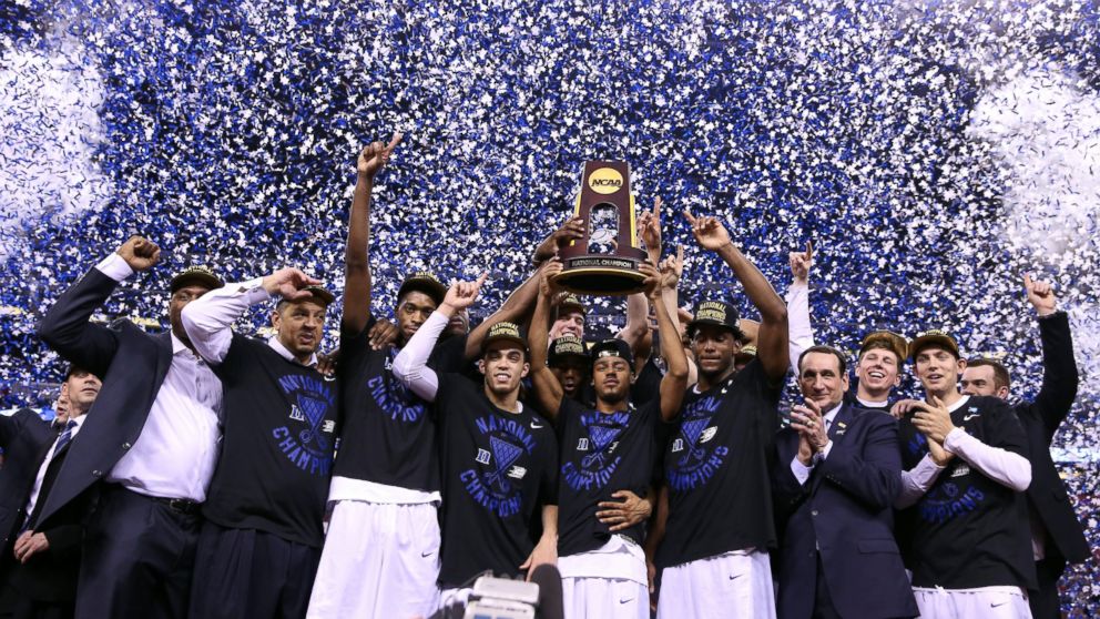The Duke Blue Devils celebrate with the championship trophy after defeating the Wisconsin Badgers during the NCAA Men's Final Four National Championship at Lucas Oil Stadium on April 6, 2015 in Indianapolis.