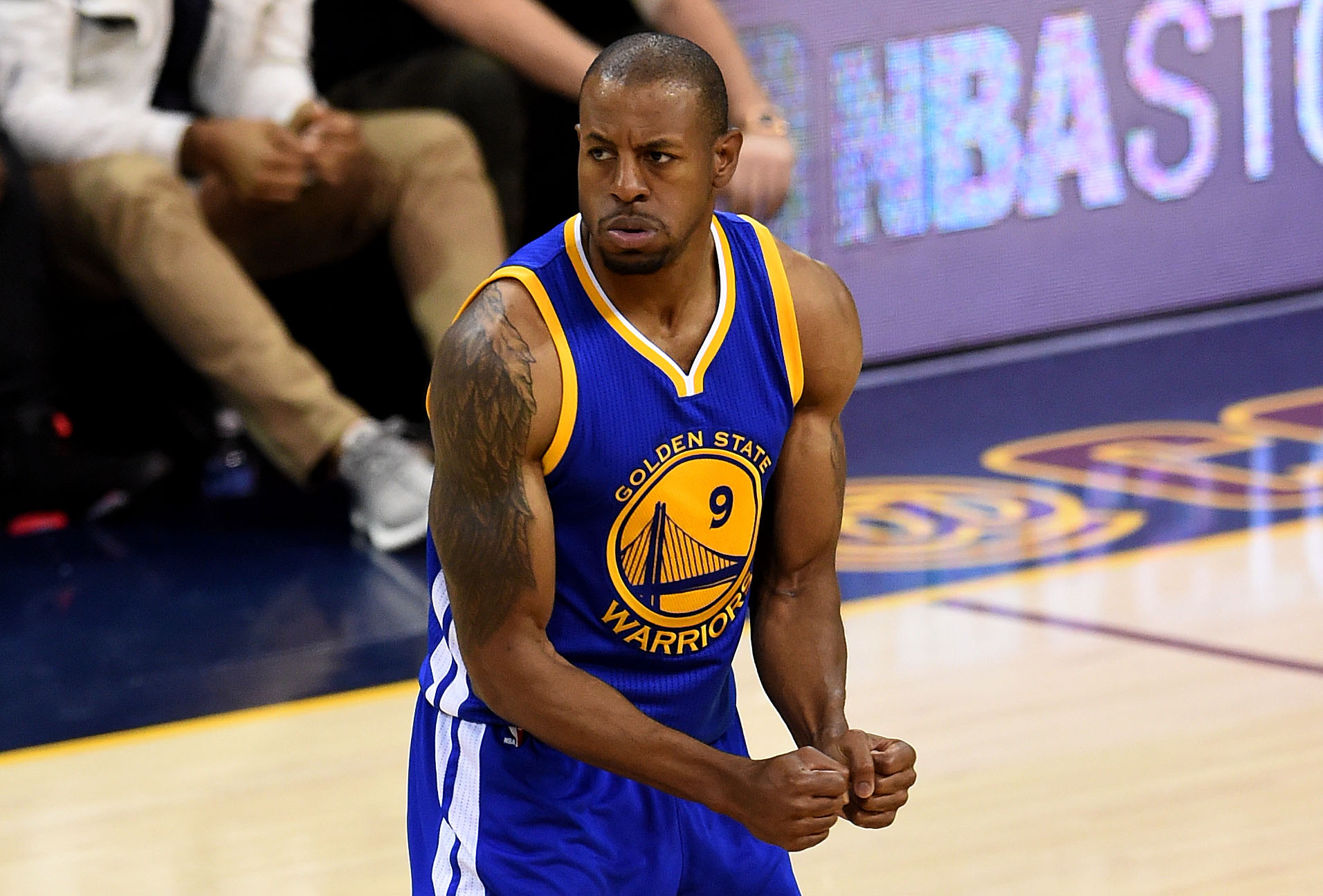 PHOTO: Andre Iguodala of the Golden State Warriors reacts in the fourth quarter against the Cleveland Cavaliers during Game Six of the 2015 NBA Finals at Quicken Loans Arena on June 16, 2015 in Cleveland, Ohio.